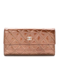 Striated Patent Quilted Large Gusset Flap Wallet Bronze