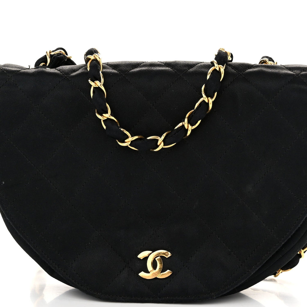 Satin Quilted Half Moon Flap Black