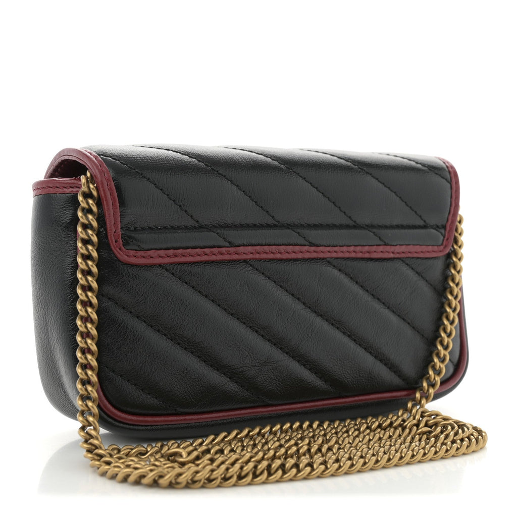 Vintage Effect Calfskin Matelasse Diagonal Super Mini Torchon GG Marmont Shoulder Bag Black Romantic Cherry