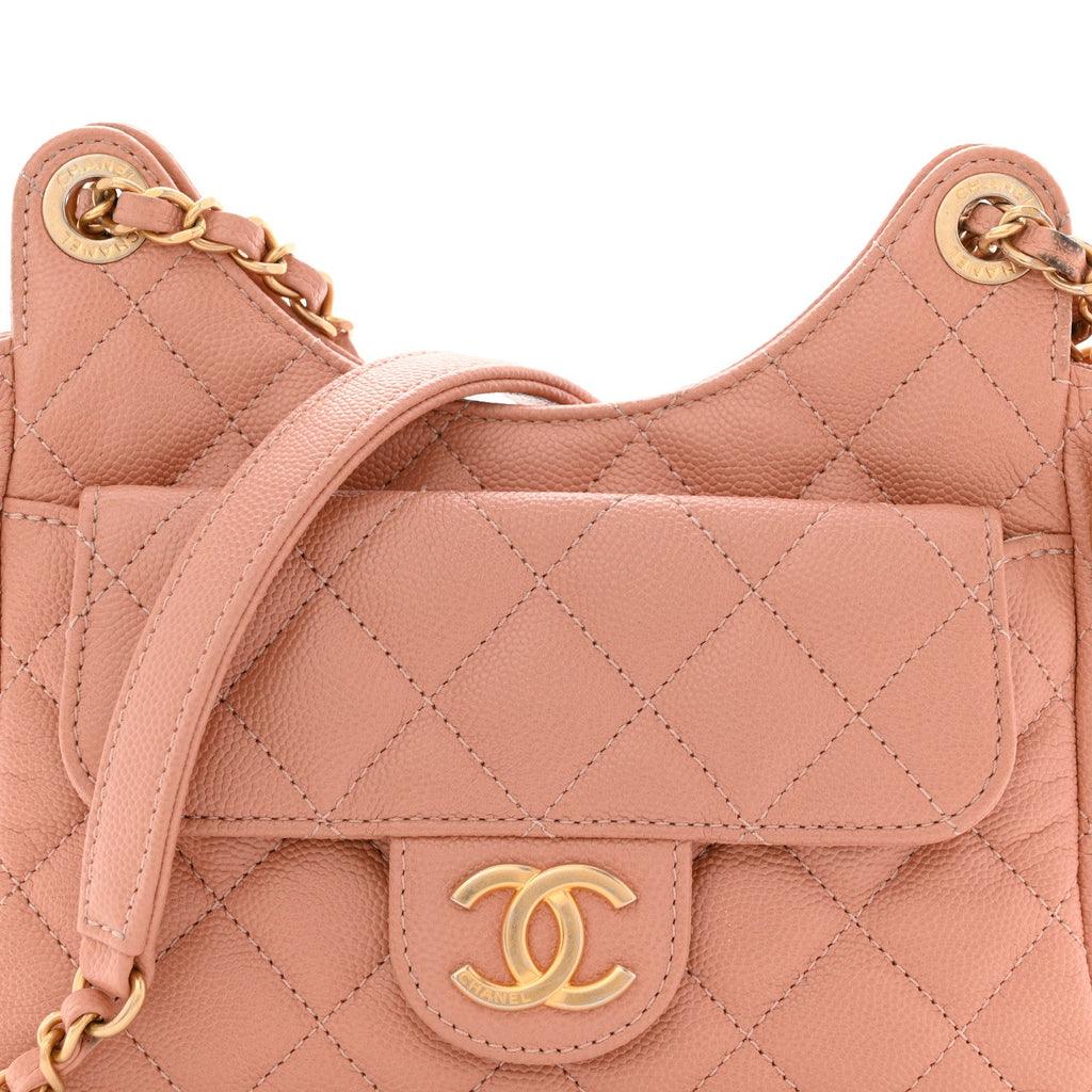 Caviar Quilted Small Wavy CC Hobo Coral