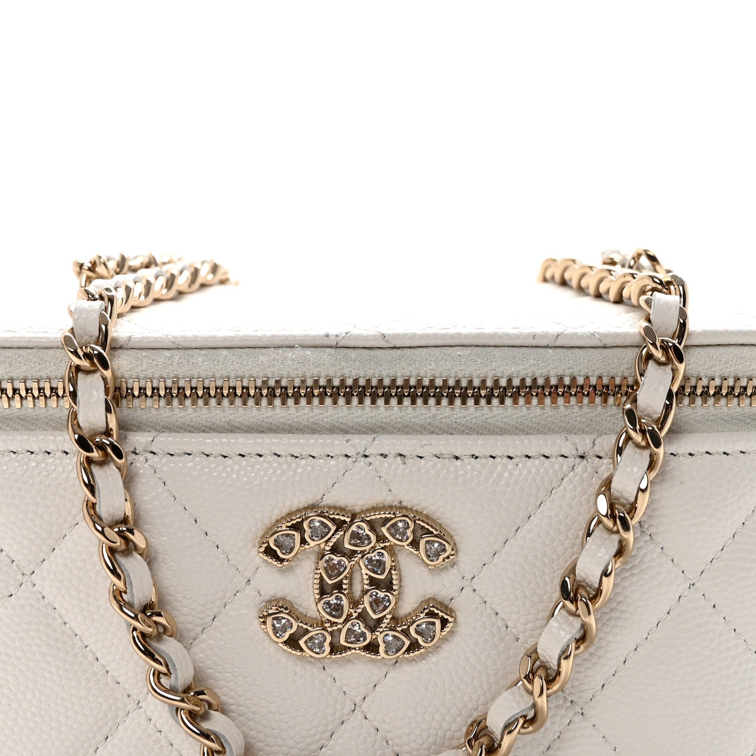 Caviar Quilted Crystal Hearts Small Vanity Case With Chain White