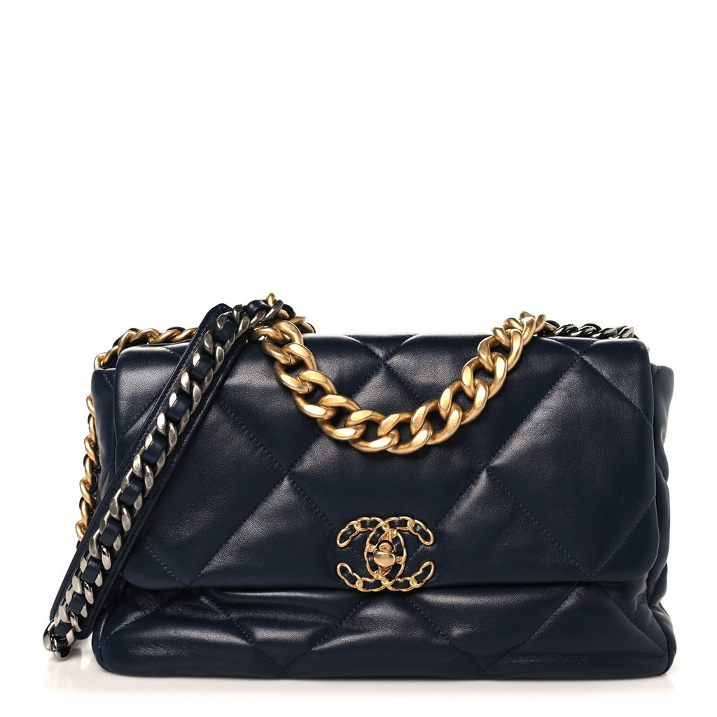 Lambskin Quilted Large Chanel 19 Flap Navy Blue