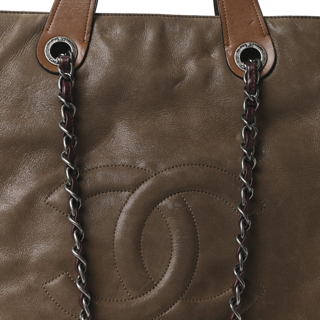 Iridescent Calfskin In The Mix Tall Tote Khaki