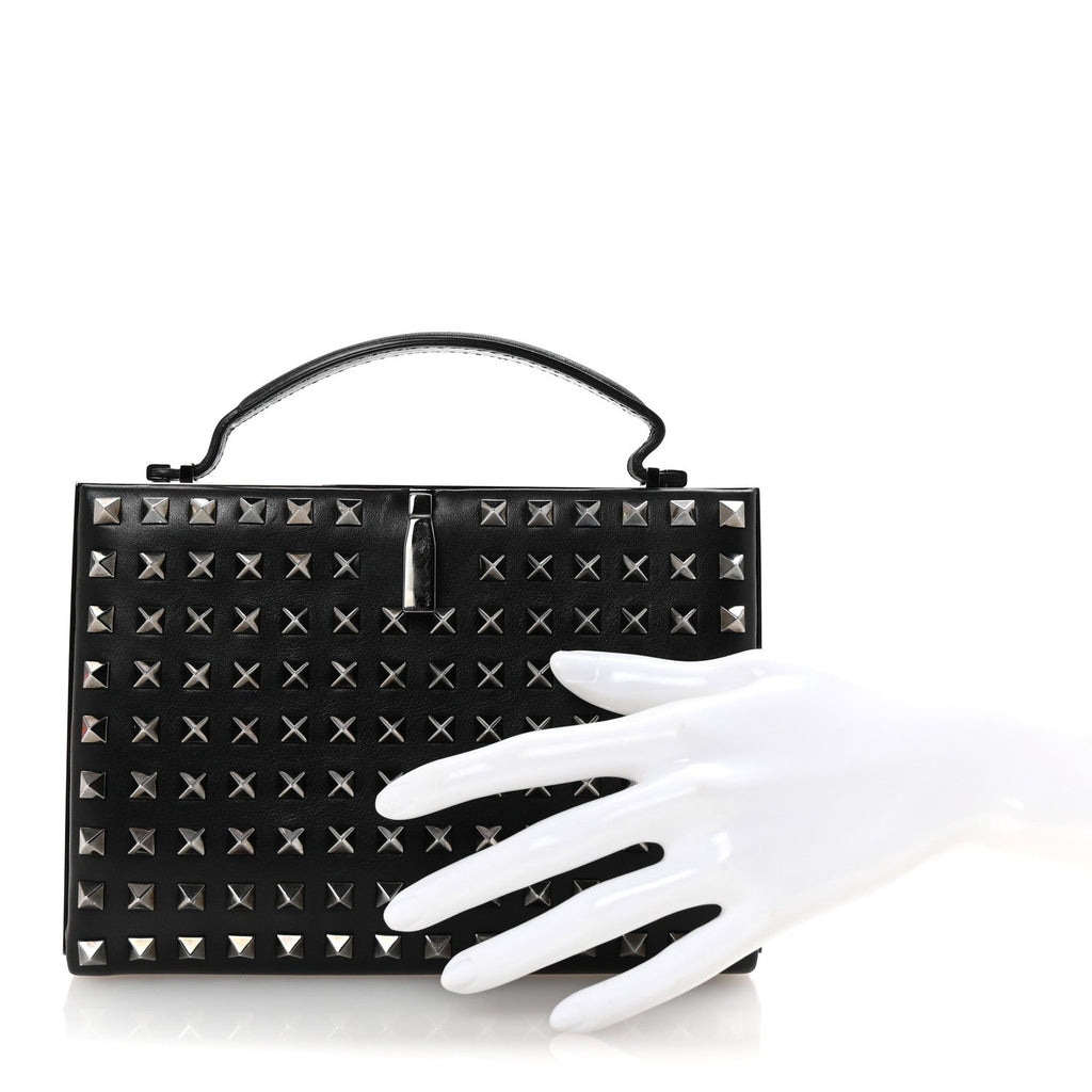 Vitello Monochrome Rockstud Allover Top Handle Clutch Black