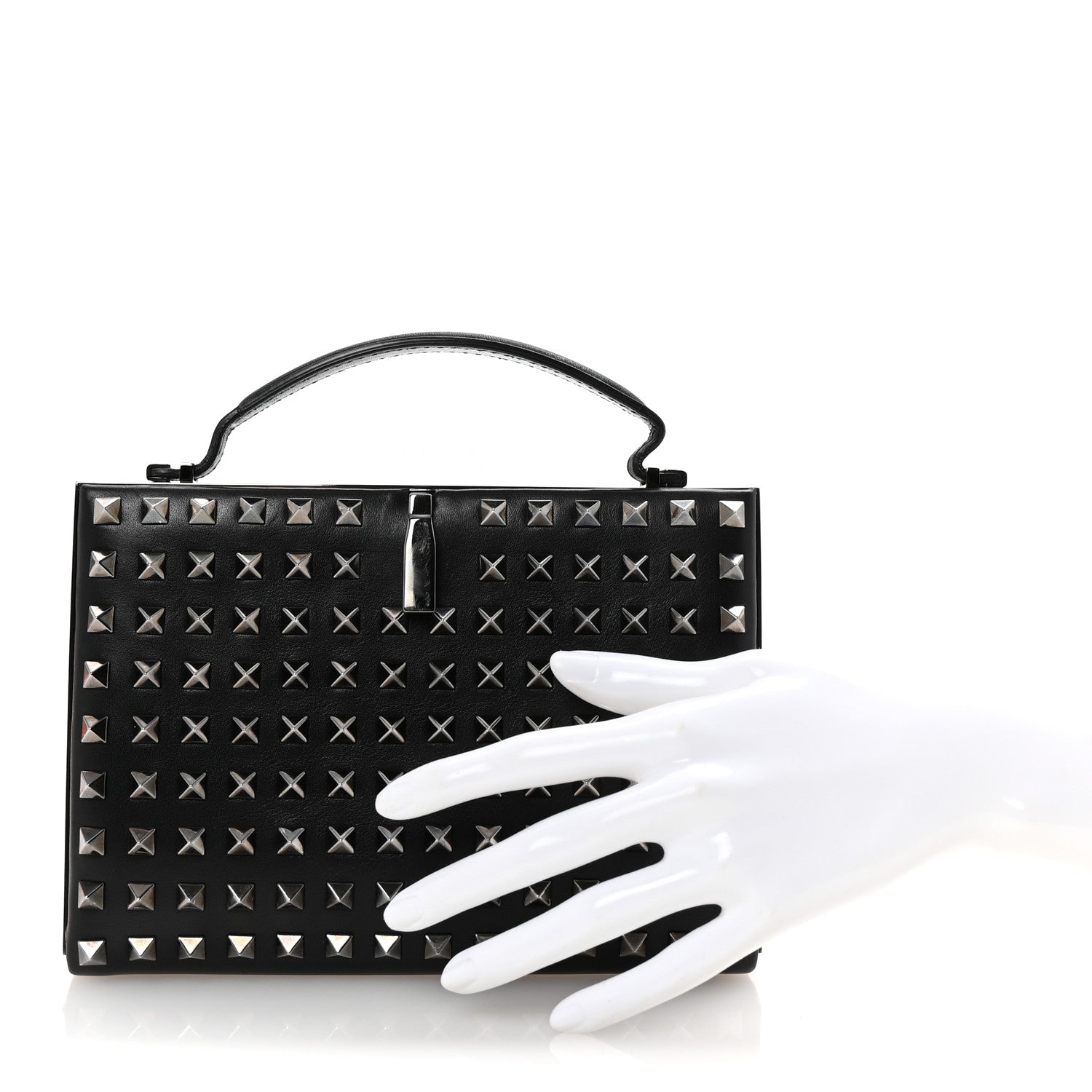 Vitello Monochrome Rockstud Allover Top Handle Clutch Black
