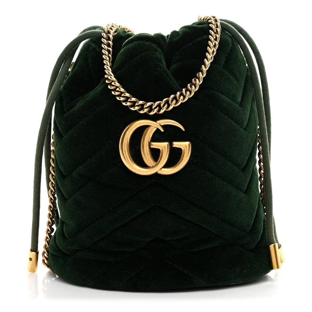 Velvet Matelasse Mini GG Marmont 2.0 Bucket Bag Dark Green