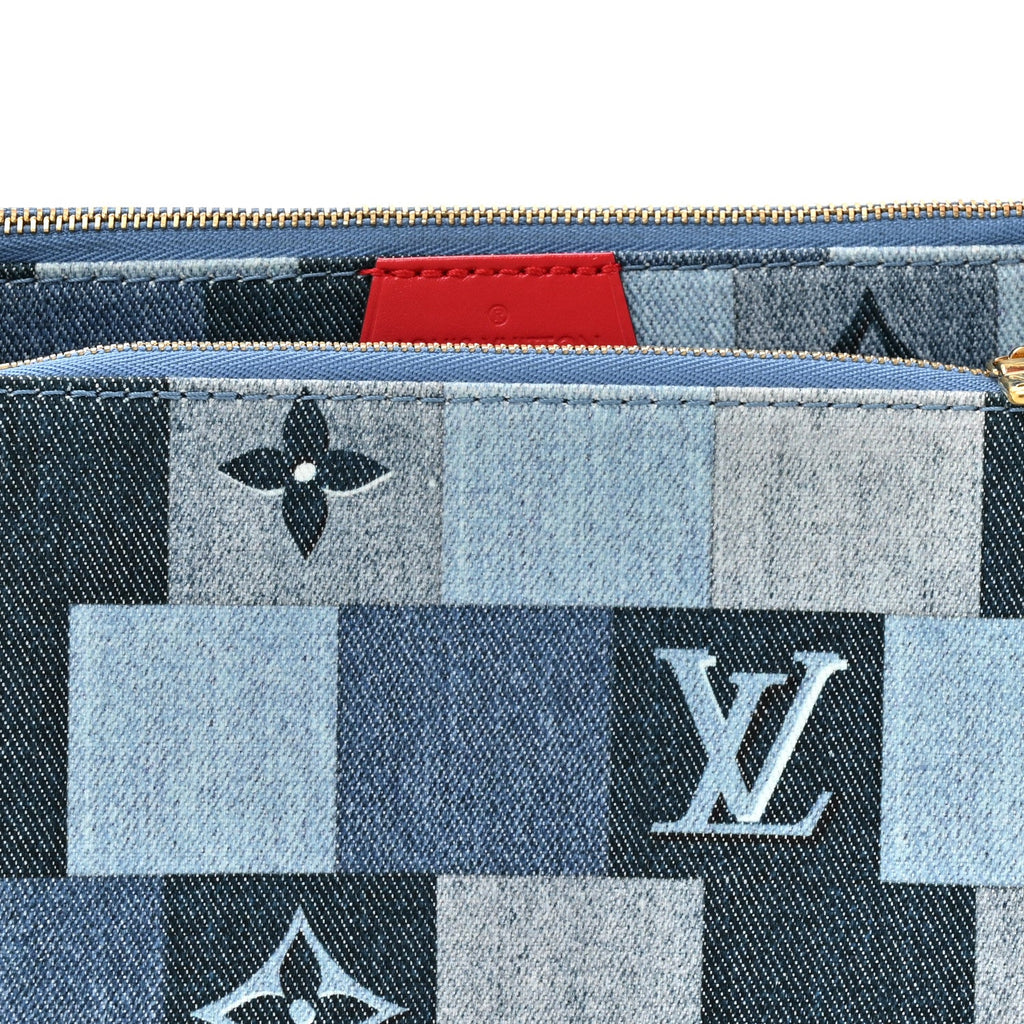 Denim Damier Monogram Patchwork Multi Pochette Accessories Blue Rouge