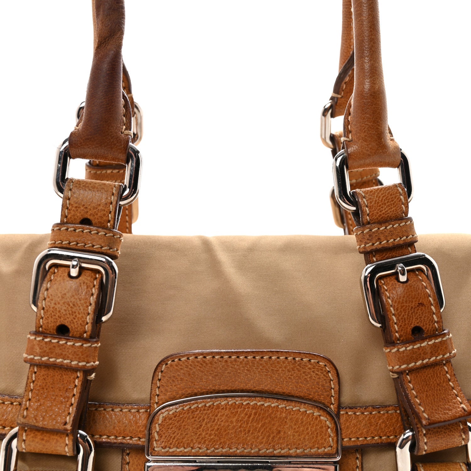 Tessuto Nylon Vitello Foldover Pushlock Satchel Beige
