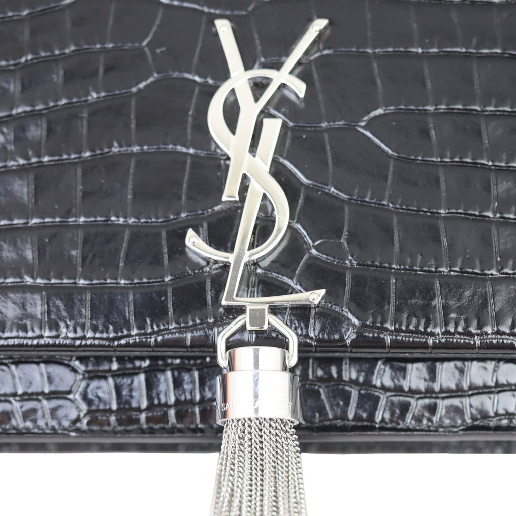 Saint Laurent Kate Tassel Chain Wallet Croc-Embossed