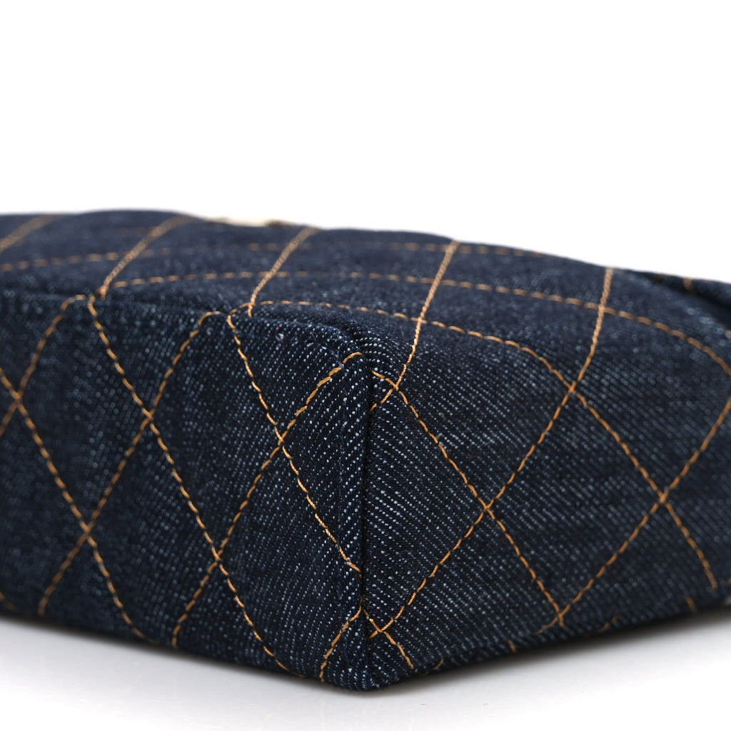 Denim Quilted Top Handle Slim Vanity Case With Chain Dark Blue Orange