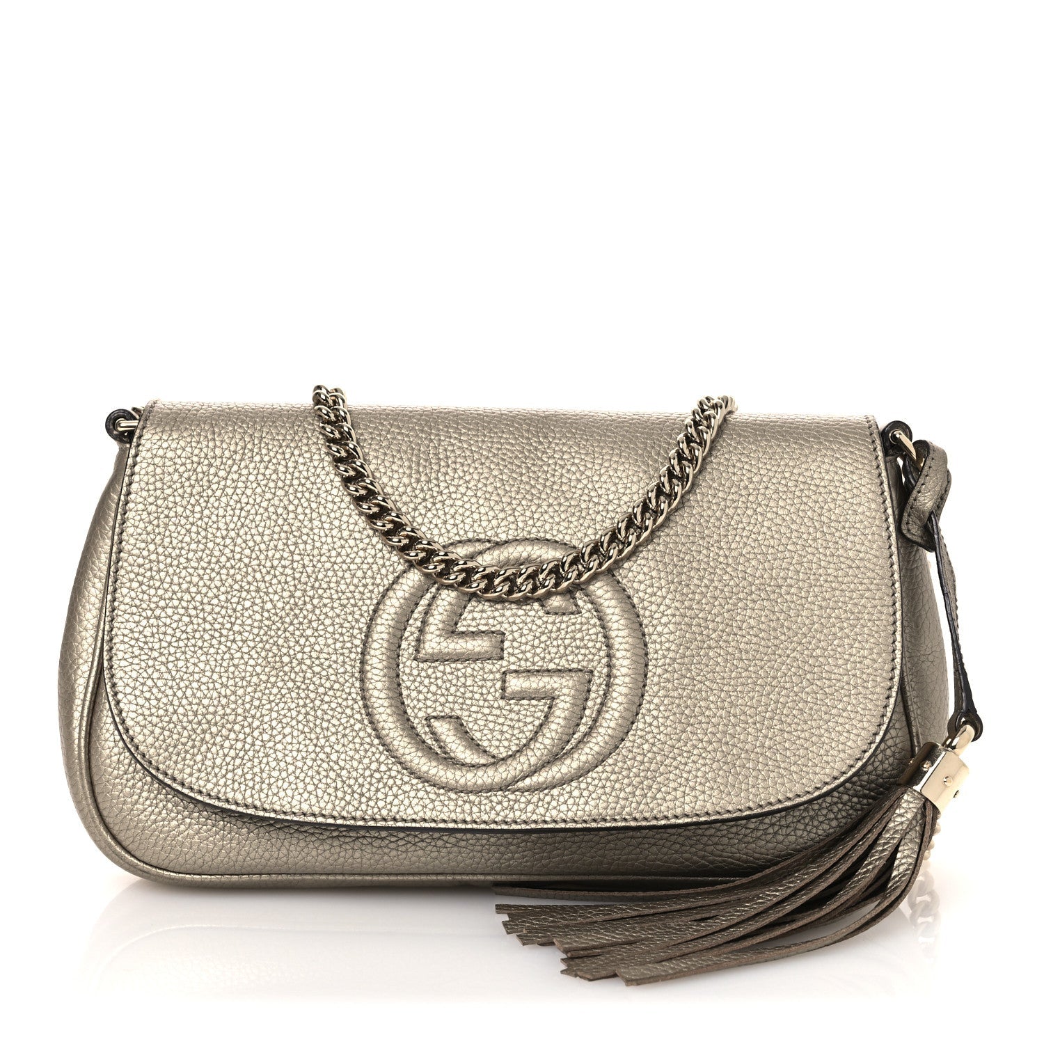 Metallic Pebbled Calfskin Medium Soho Flap Crossbody Golden Beige