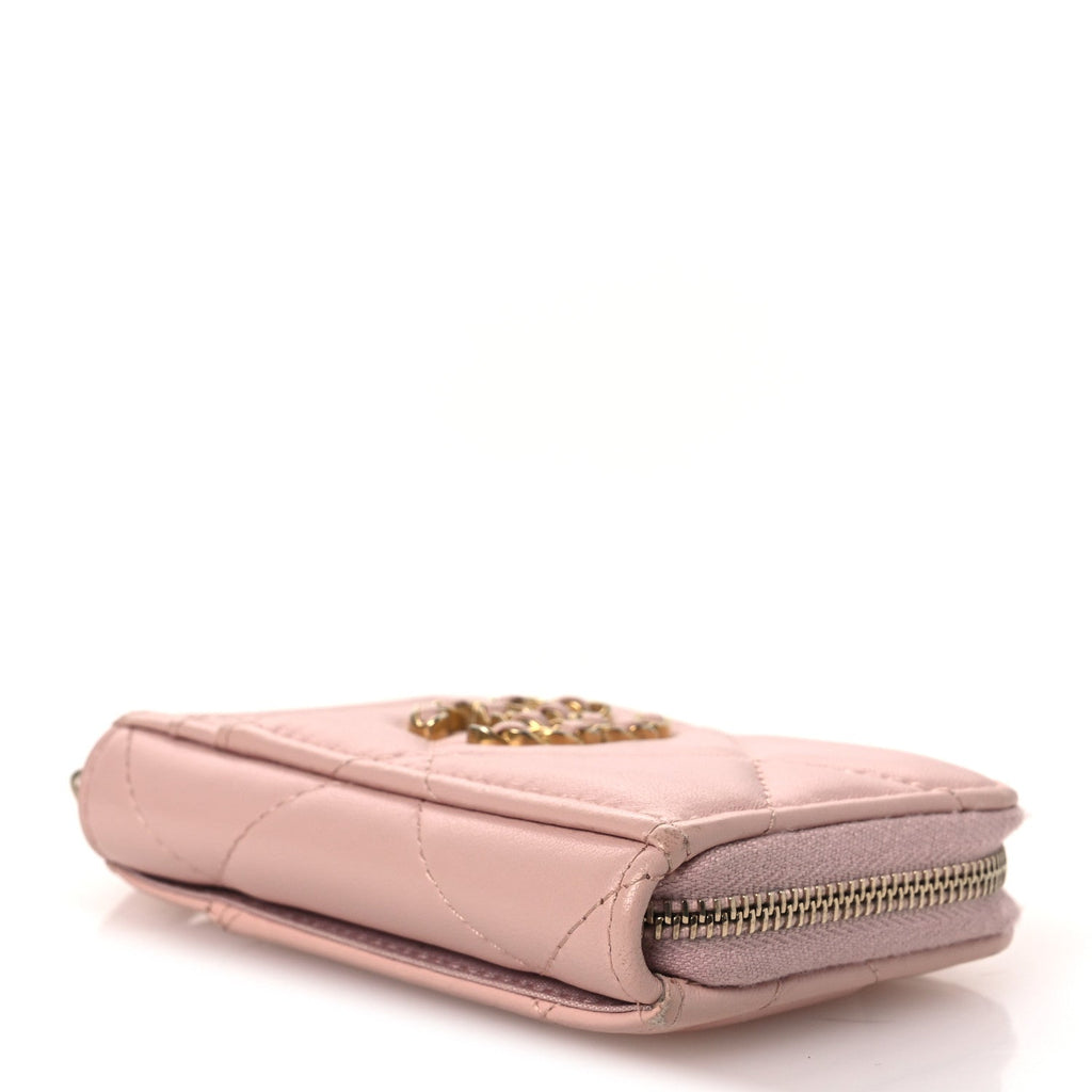 Lambskin Quilted Chanel 19 Vertical Zip  Holder Wallet Light Pink