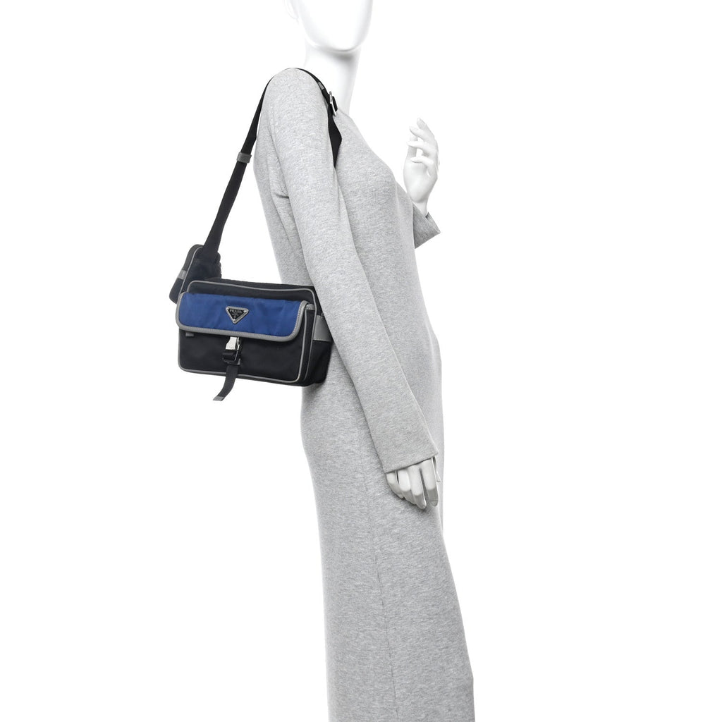Tessuto Nylon Saffiano Pocket Single Snap Buckle Messenger Flap Bag Black Bleuette Marmo