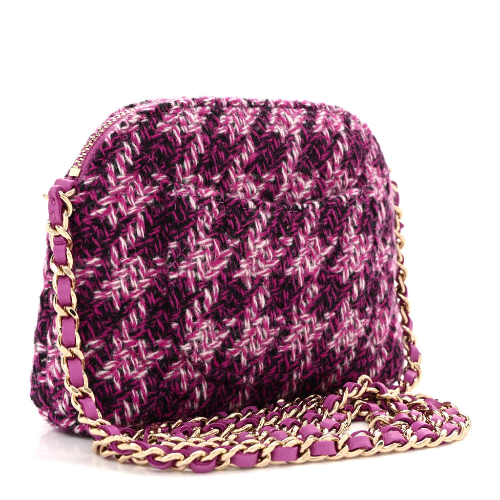 Tweed Quilted Mini Clutch With Chain Purple
