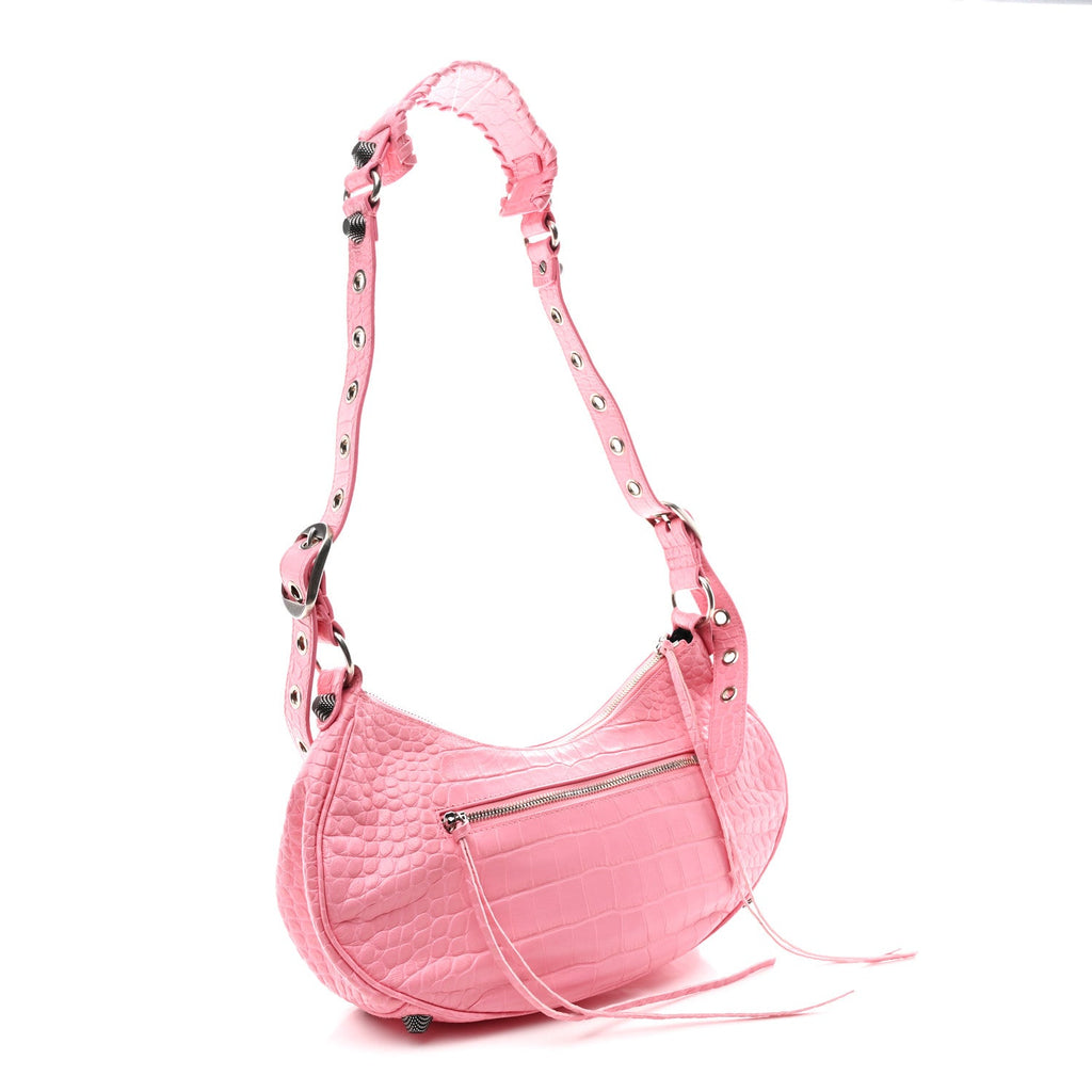 Extra Supple Calfskin Crocodile Embossed Small Le Cagole Shoulder Bag Sweet Pink