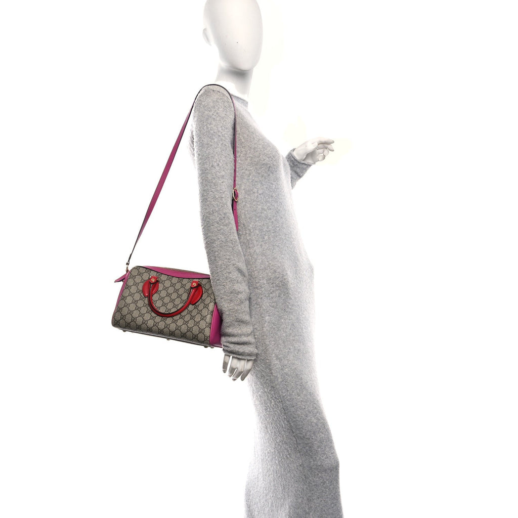 GG Supreme Monogram Moon Calfskin Small Boston Beige Ebony Hibiscus Red New Rosette