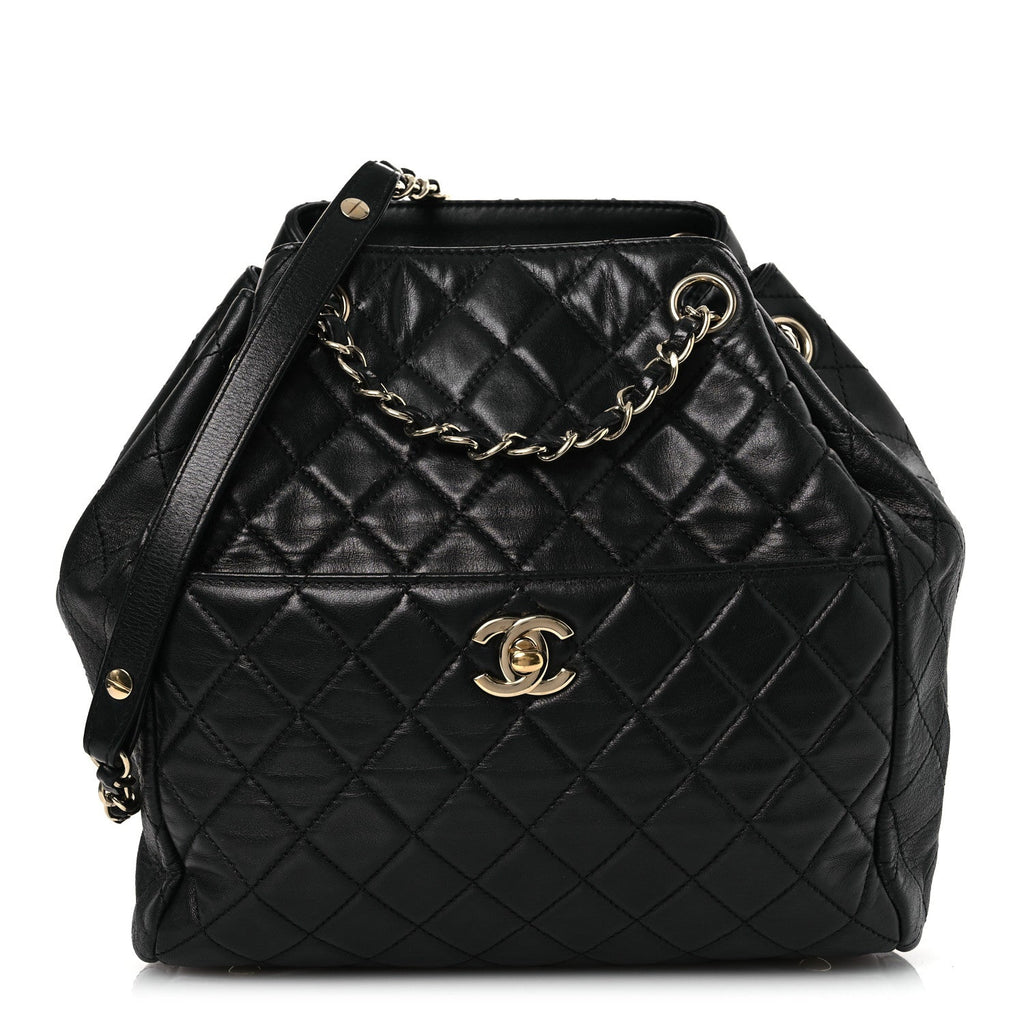 Lambskin Quilted Drawstring Bag Black