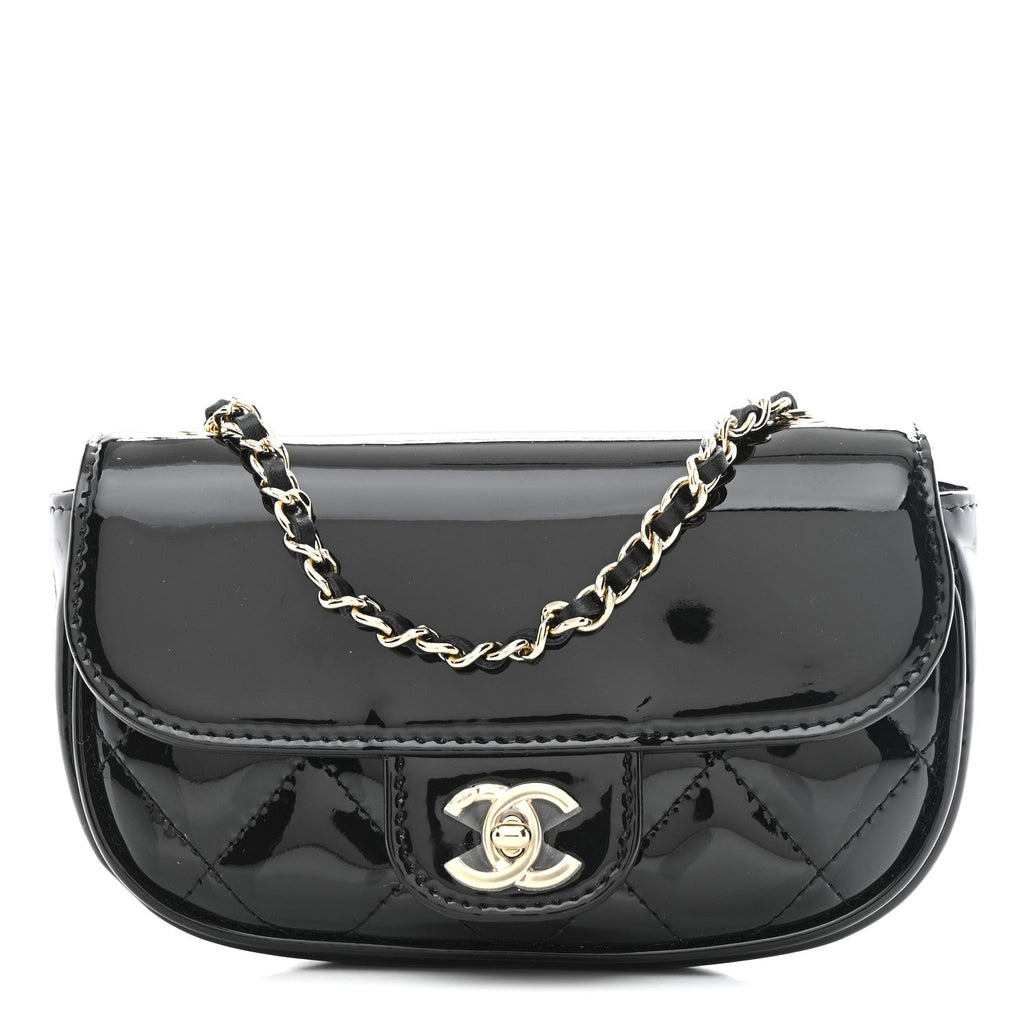 Patent Calfskin Quilted Mini Clutch Black