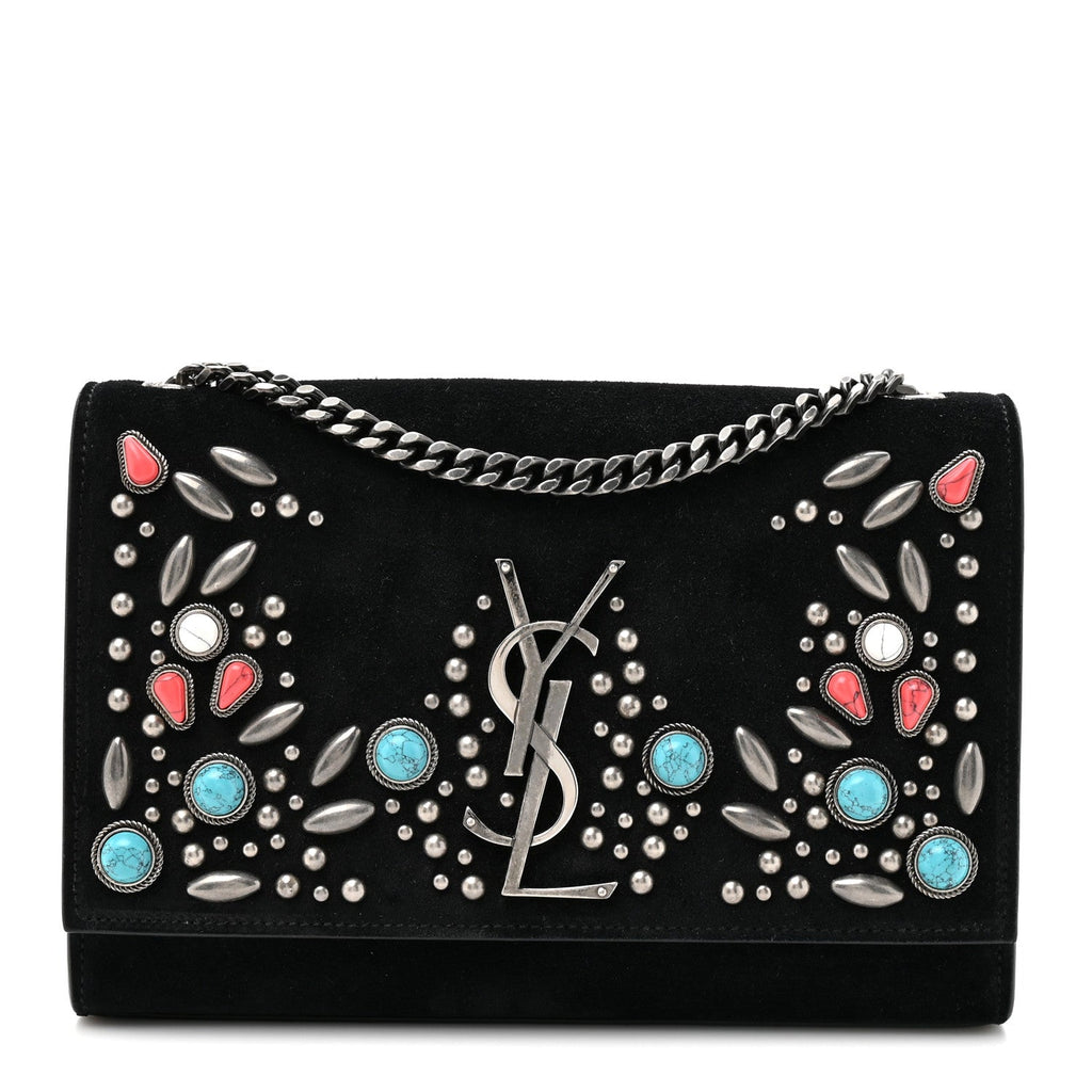 Suede Small Monogram Stone Studded Kate Satchel Black Turquoise Coral