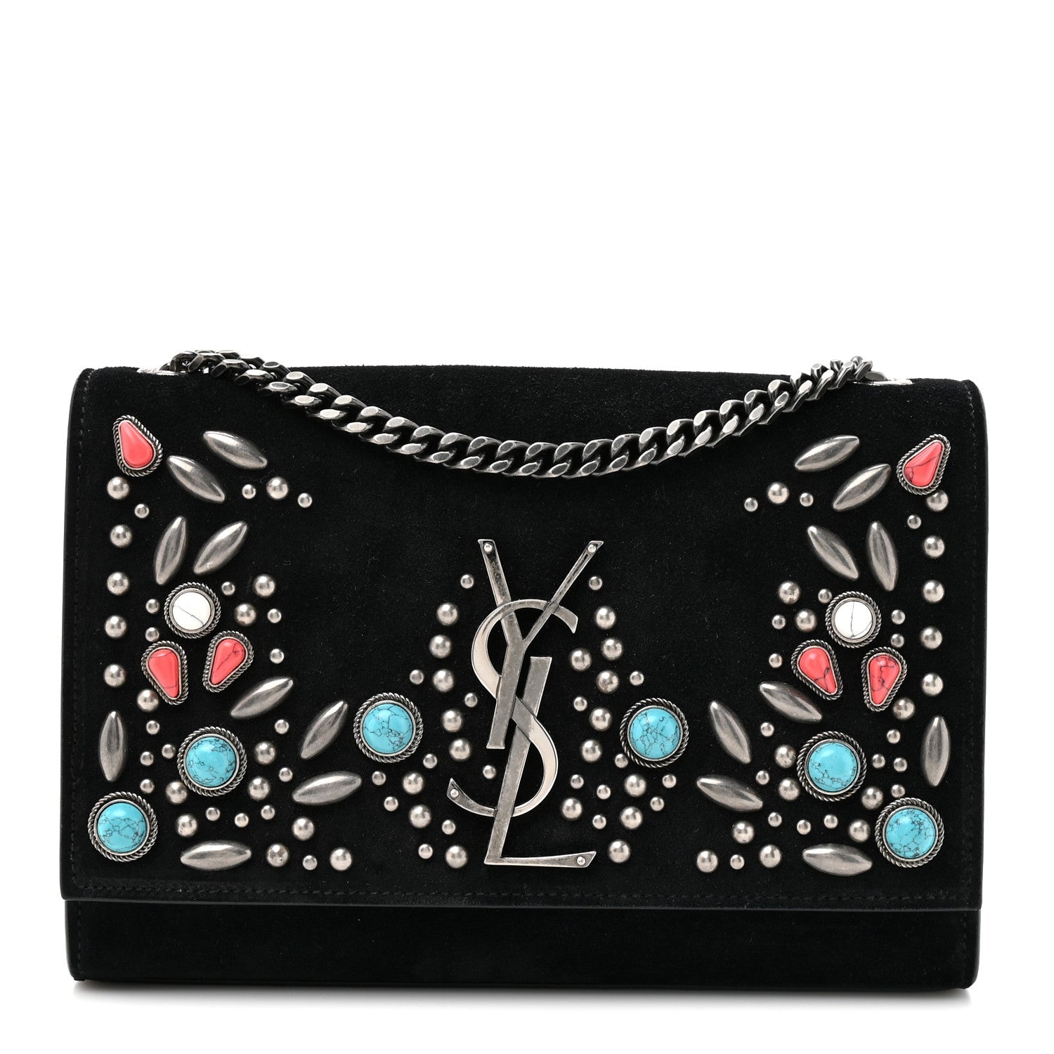 Suede Small Monogram Stone Studded Kate Satchel Black Turquoise Coral