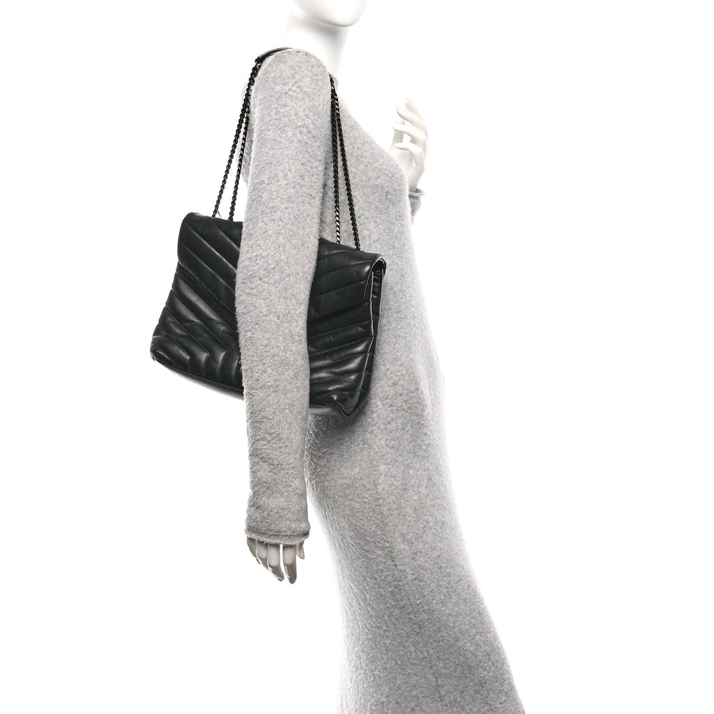 Calfskin Y Quilted Monogram Monochrome Medium Loulou Chain Satchel Black