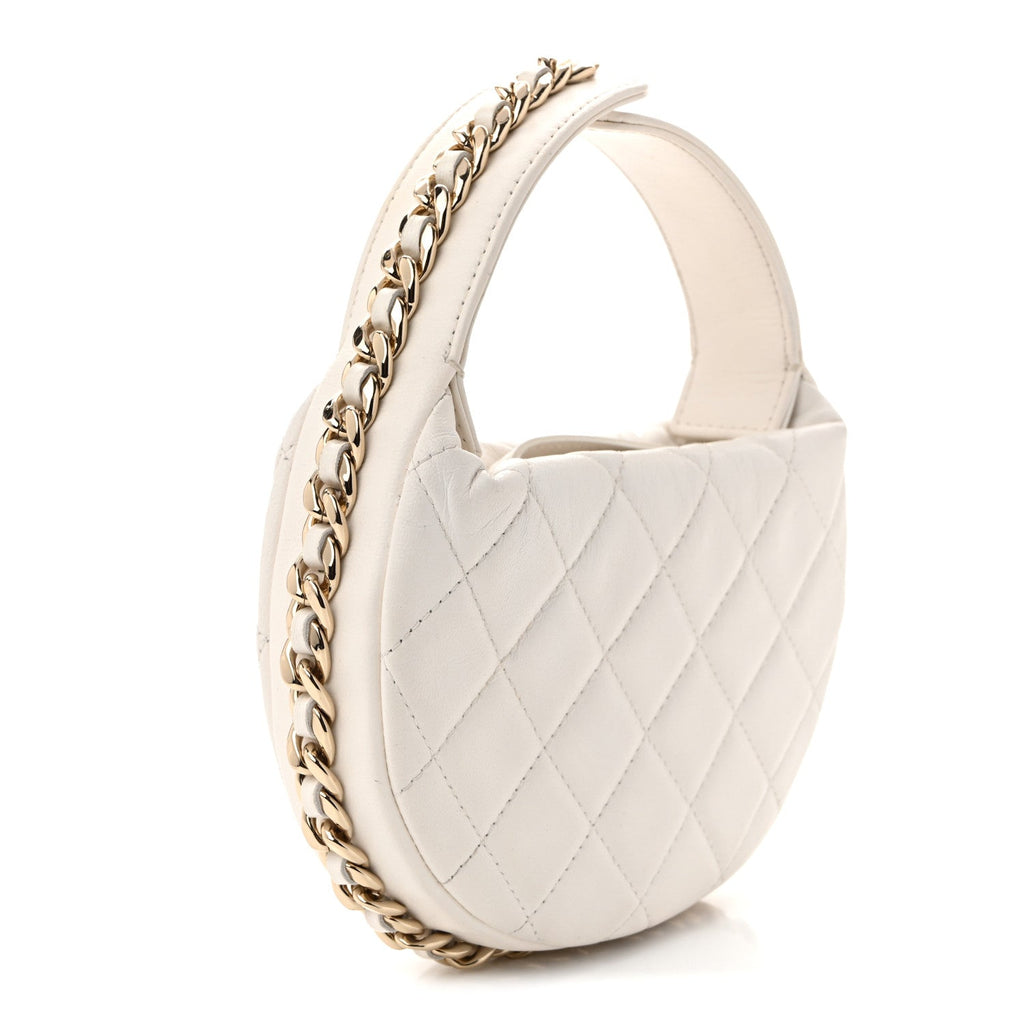 Lambskin Quilted Chain Around Pouch Hobo White