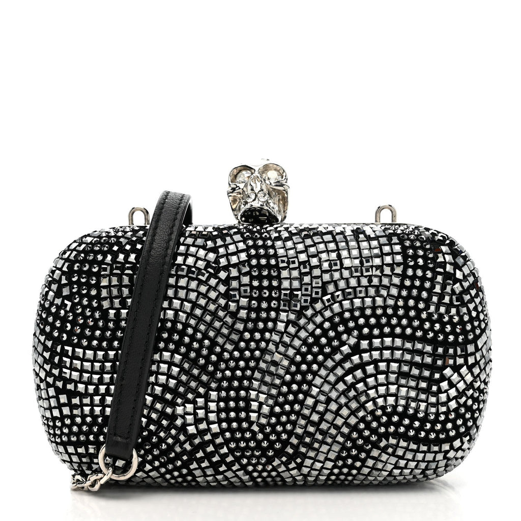 Crystal Nappa Classic Art Deco Skull Clutch Black Silver
