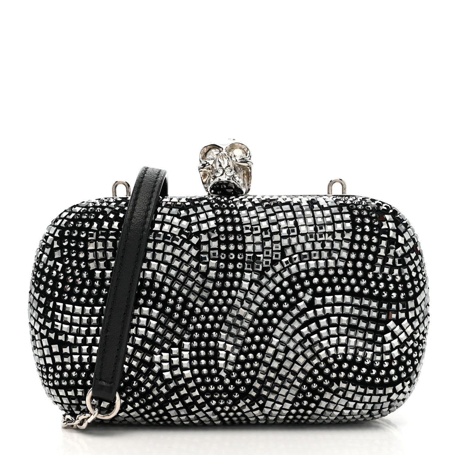 Crystal Nappa Classic Art Deco Skull Clutch Black Silver