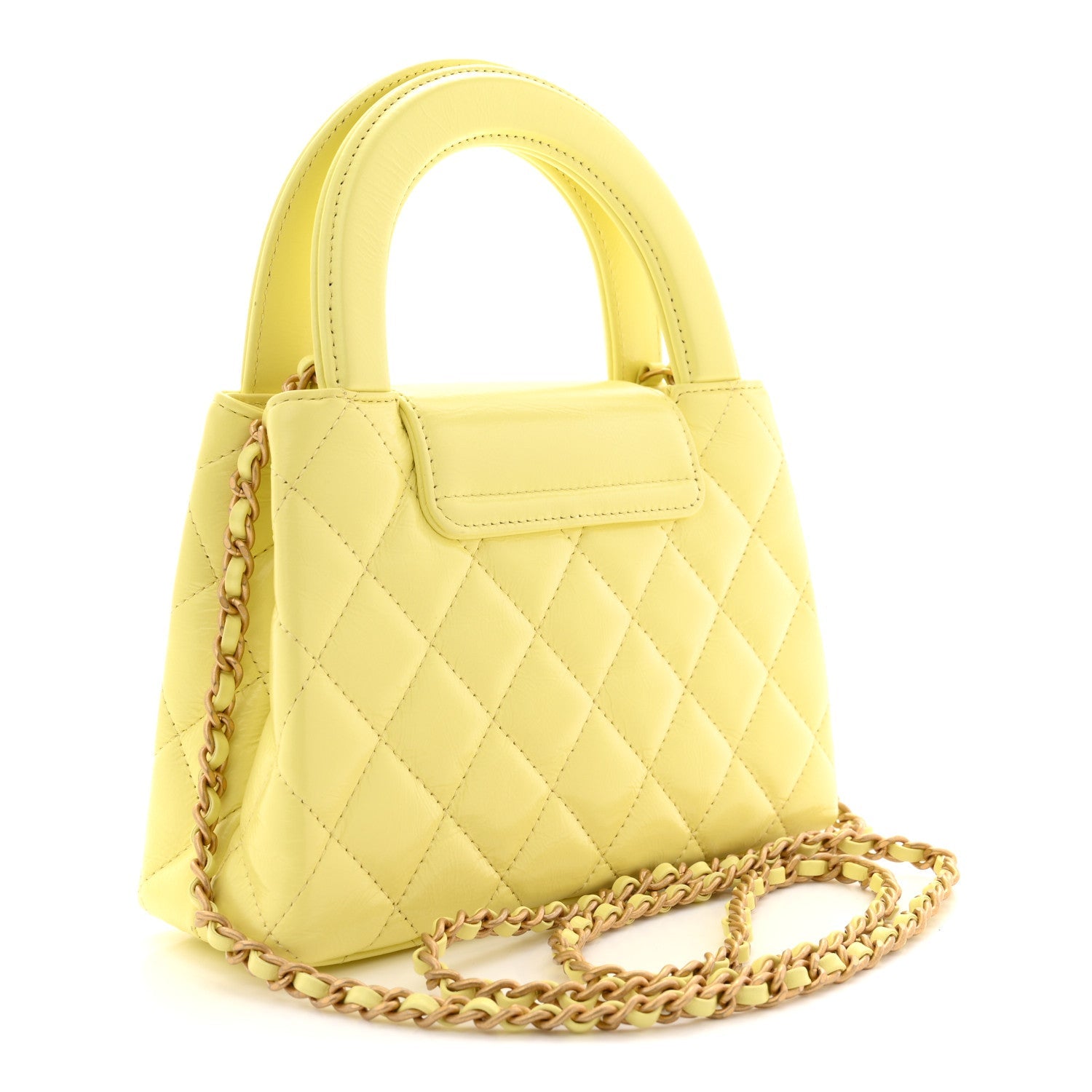 Shiny Aged Calfskin Quilted Nano Kelly Shopper Light Yellow