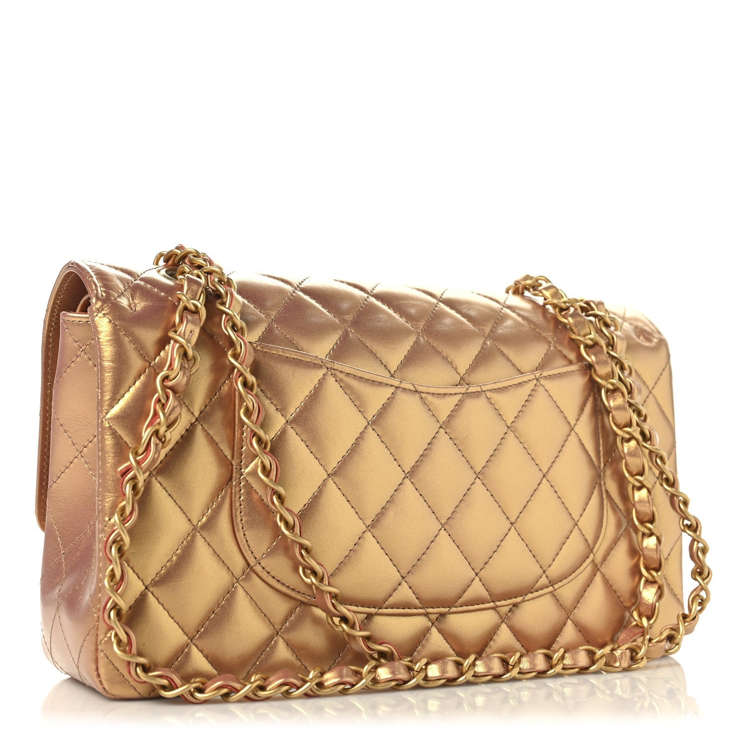 Metallic Lambskin Quilted Medium Double Flap Golden