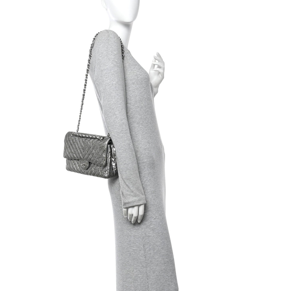 Metallic Patent Crumpled Calfskin Chevron Quilted Medium Double Flap Silver