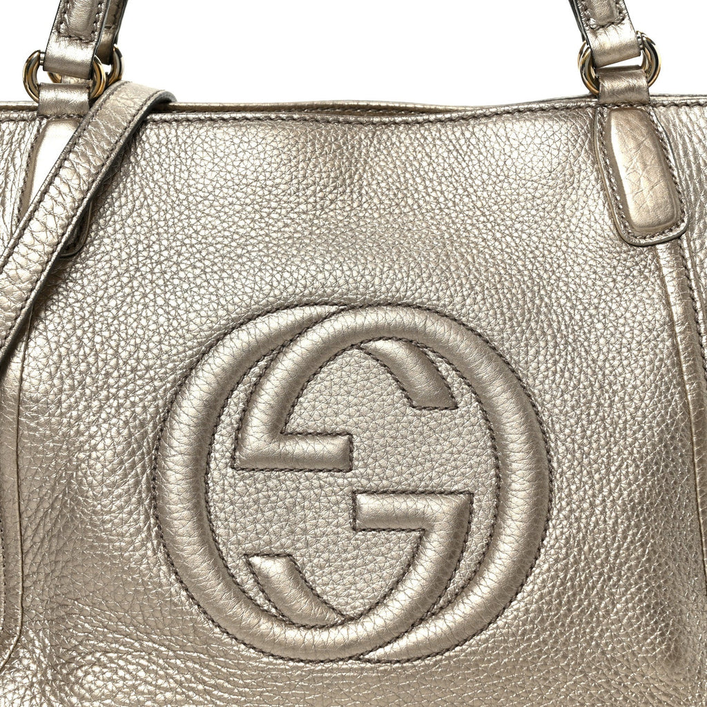 Metallic Pebbled Calfskin Small Soho Top Handle Bag Golden Beige