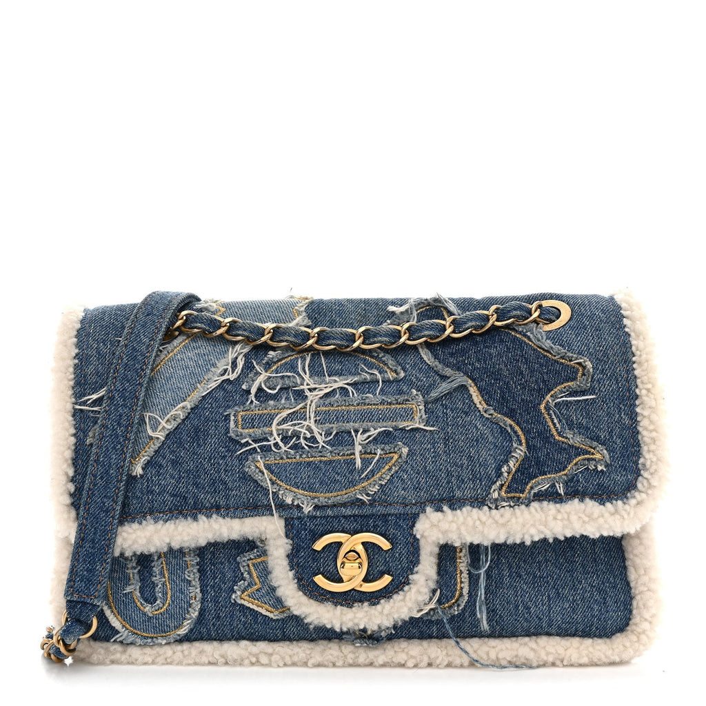 Denim Shearling Hieroglyph Flap Blue