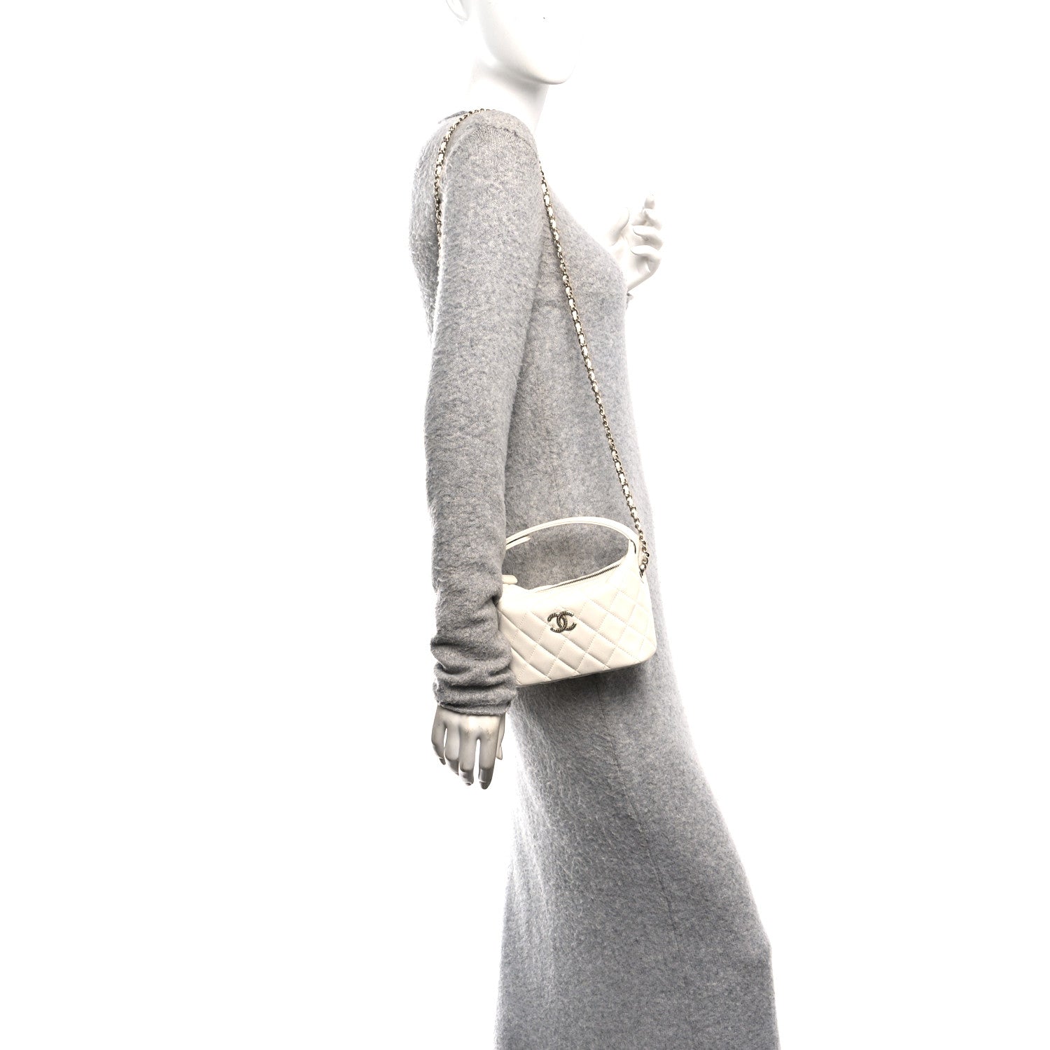 Caviar Quilted Hobo Clutch With Chain White
