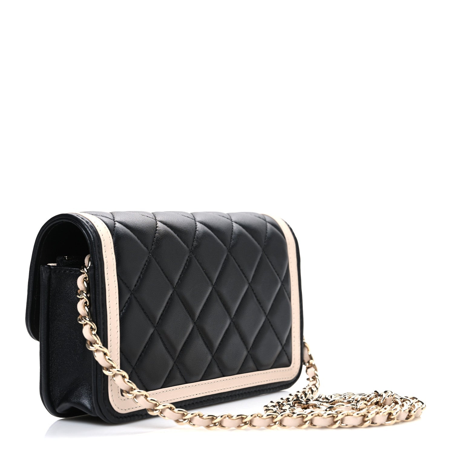 Lambskin Quilted Phone Holder Wallet With Chain Black Beige