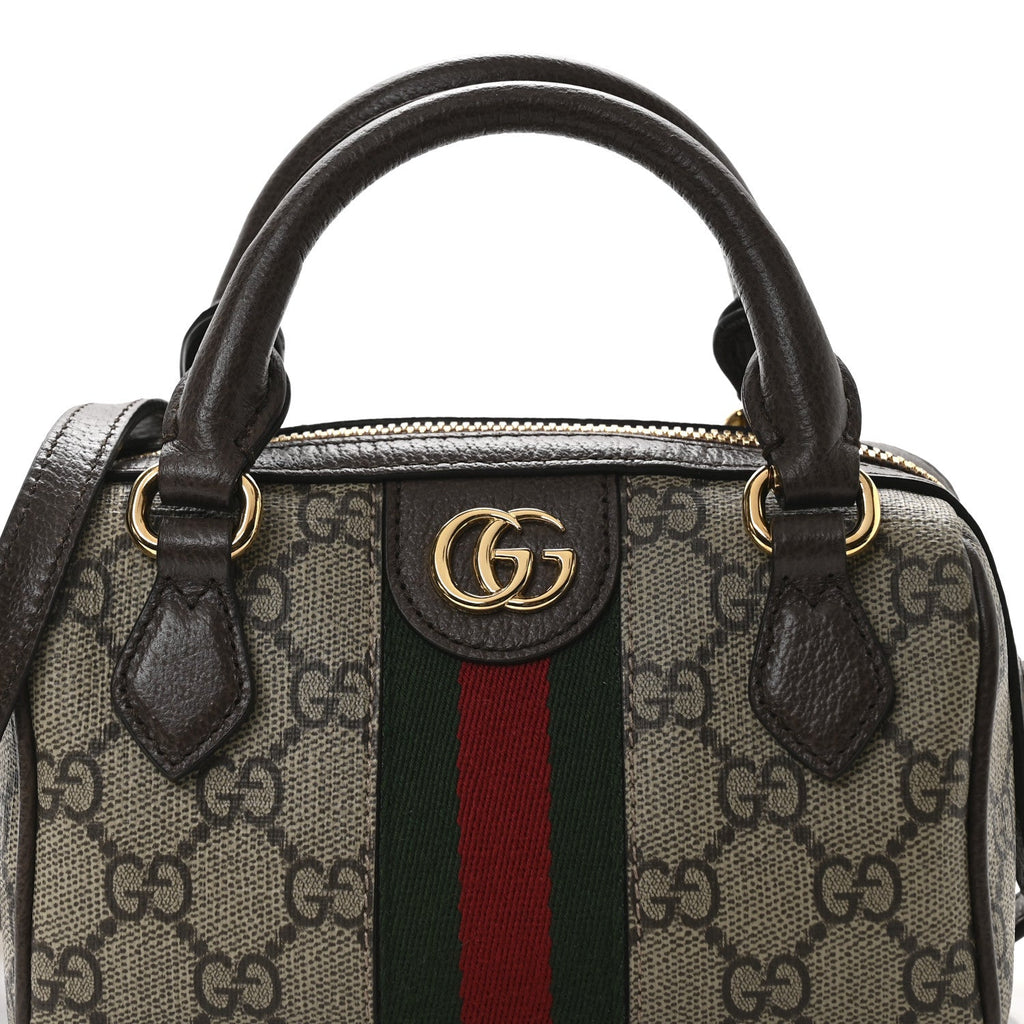 GG Supreme Monogram Textured Dollar Calfskin Web Super Mini Ophidia Top Handle Bowler Bag Beige Ebony New Acero