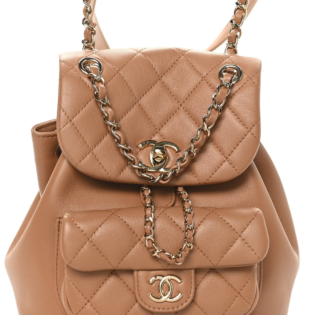 Quilted Small Duma Pockets Drawstring Backpack Light Brown
