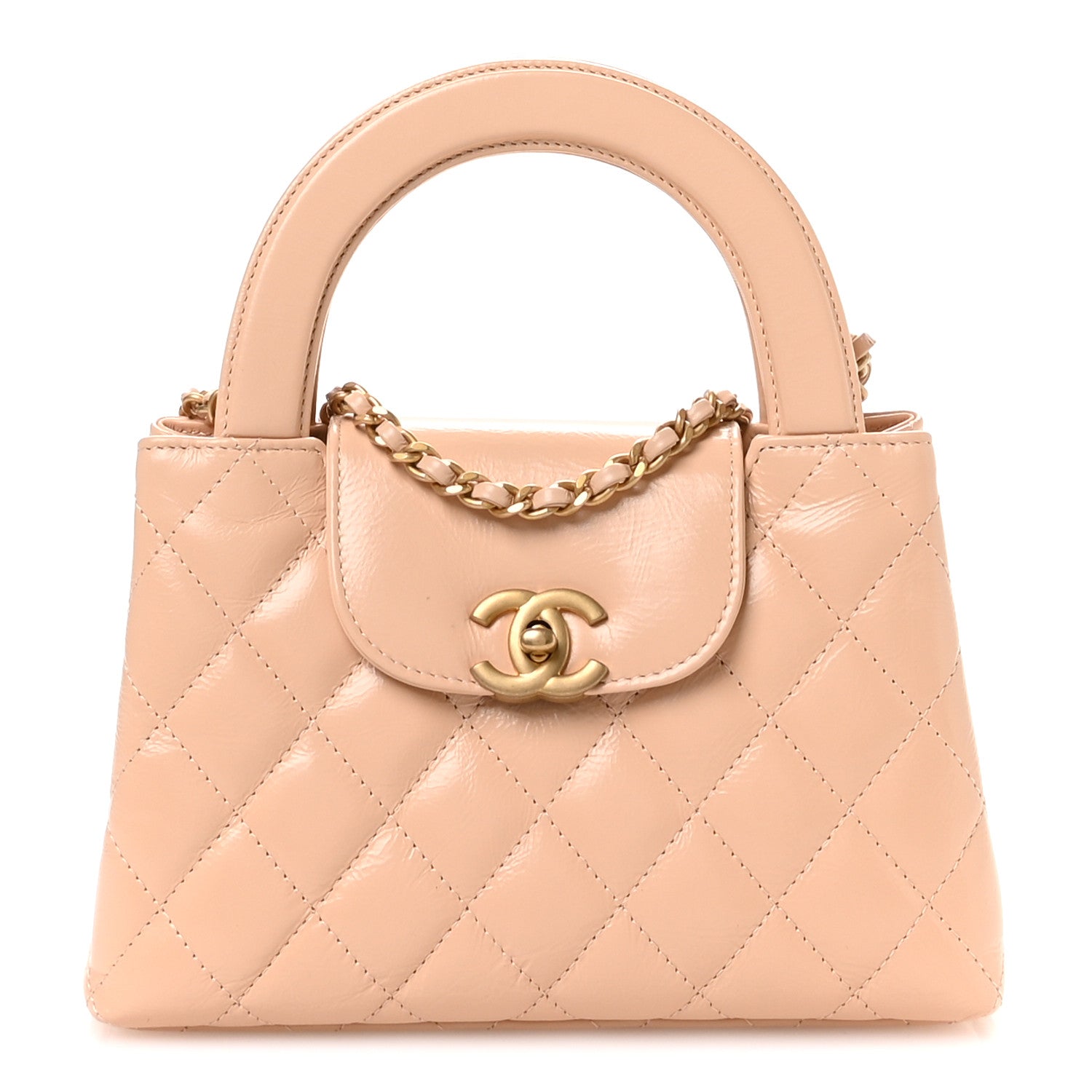 Shiny Aged Calfskin Quilted Nano Kelly Shopper Beige