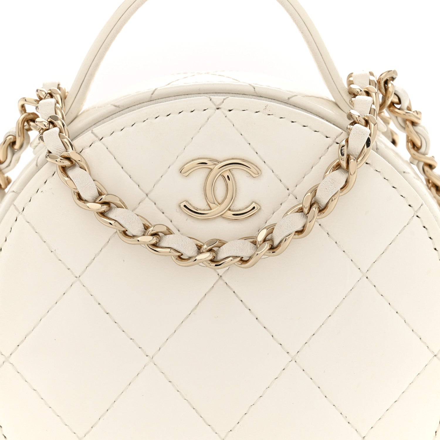 Lambskin Quilted Round Handle With Care Vanity With Chain White