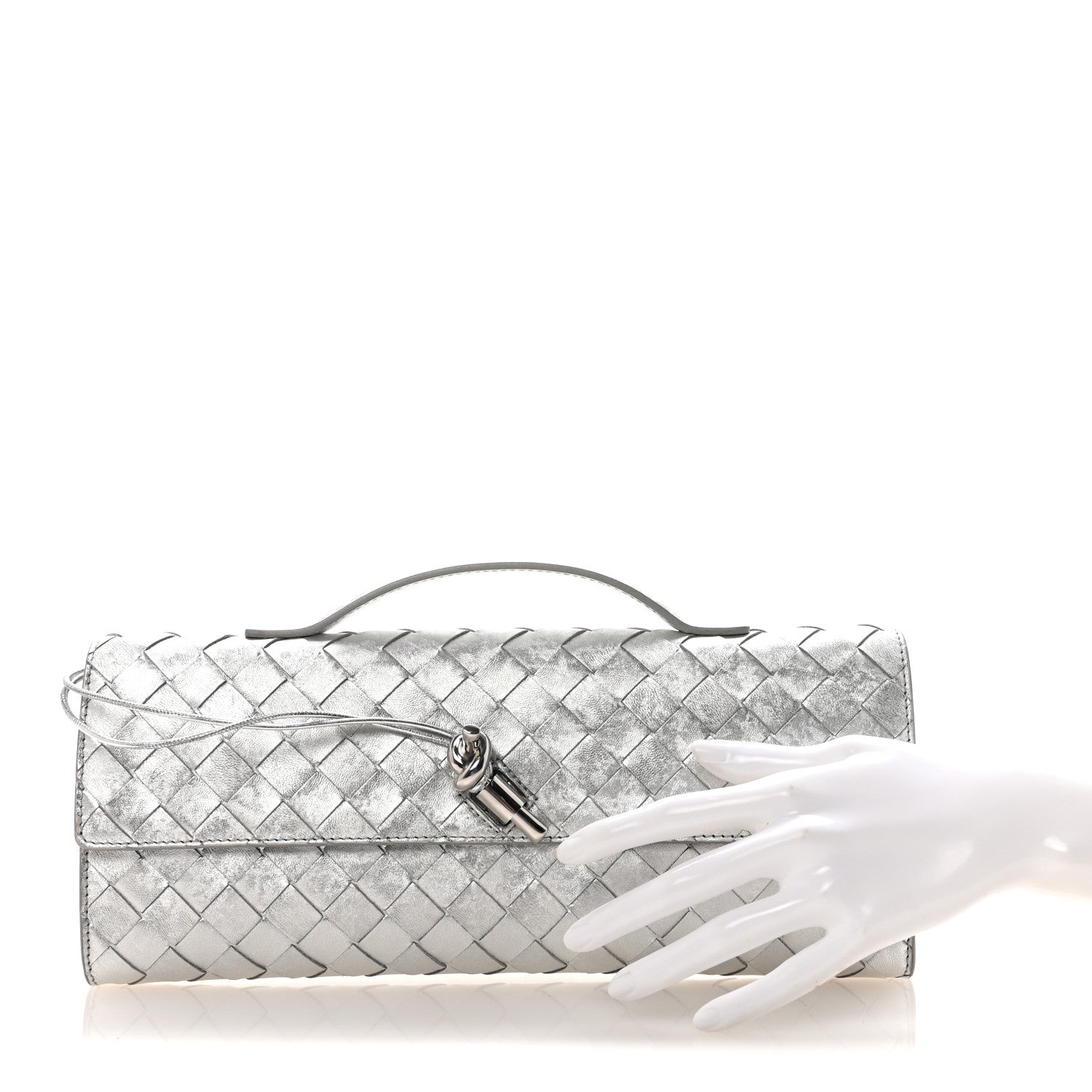 Metallic Lambskin Intrecciato Long Andiamo Top Handle Clutch Silver