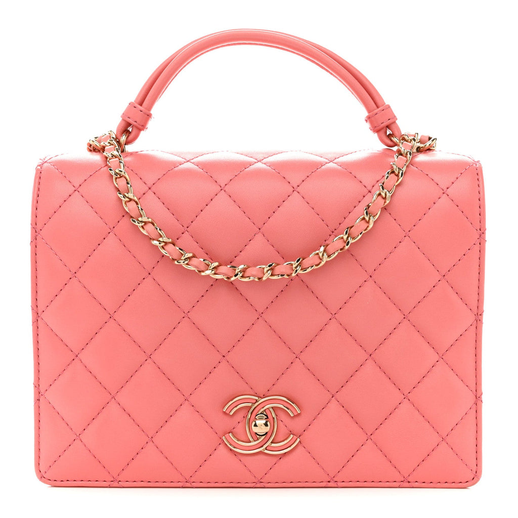 Lambskin Quilted Small Handle Tied Top Handle Flap Pink