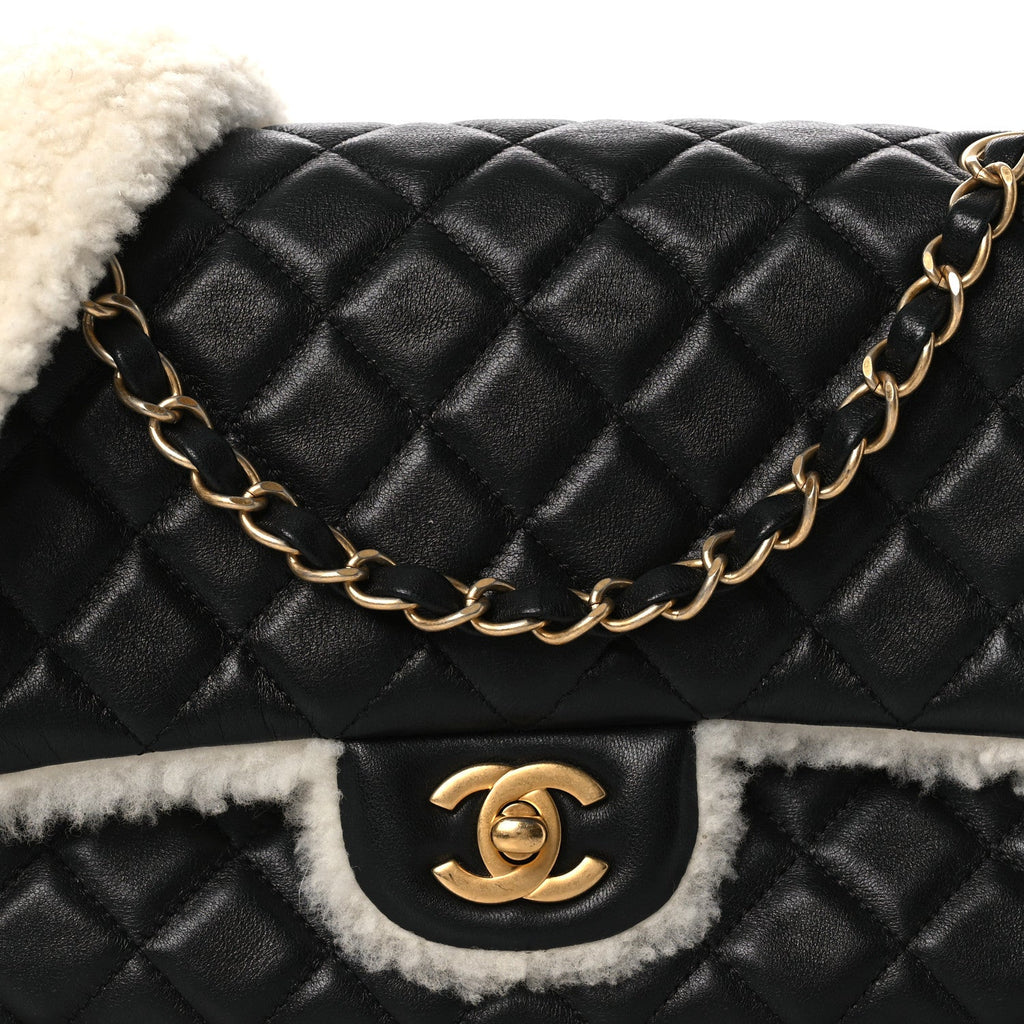 Lambskin Shearling Large CC Flap Bag Black White