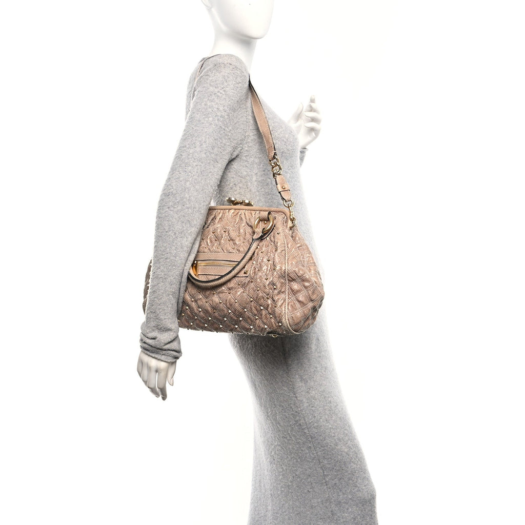 Snakeskin Embossed Calfskin Quilted Studded Beige