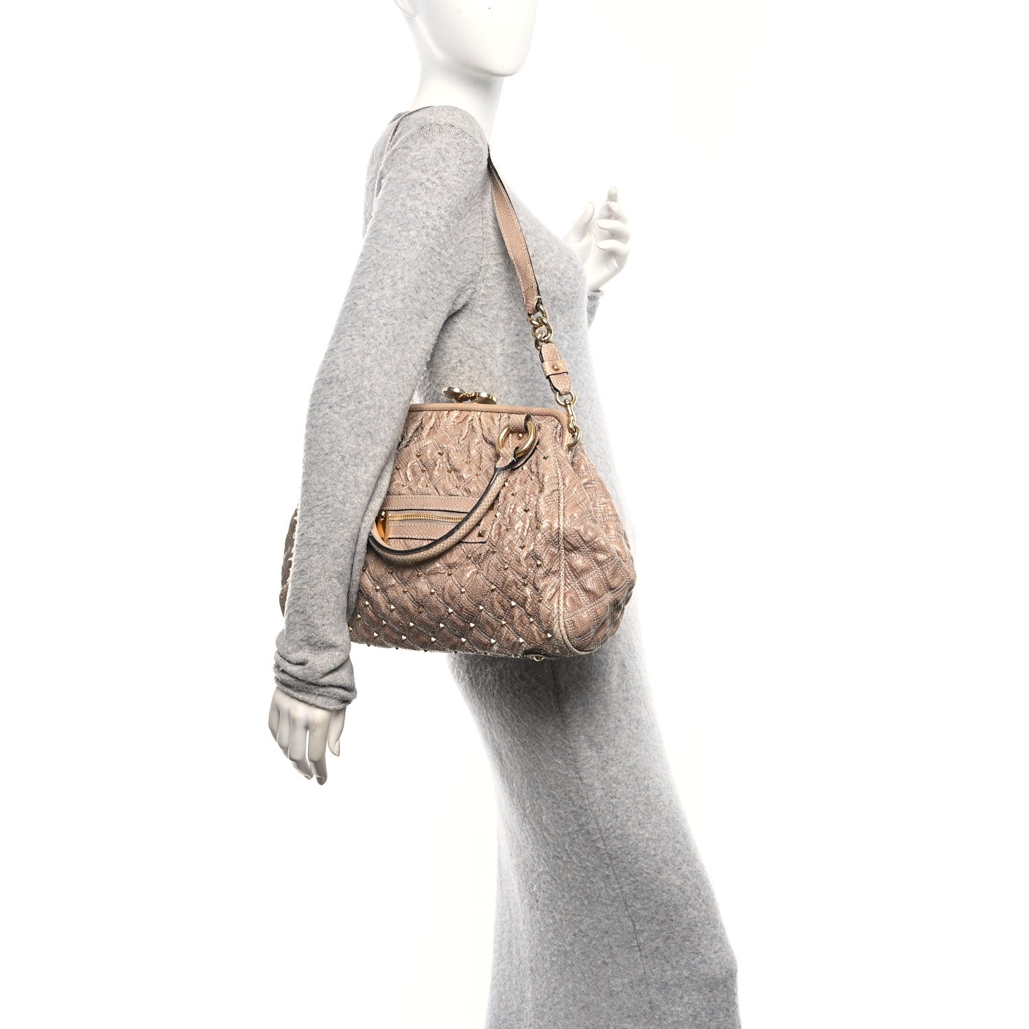 Snakeskin Embossed Calfskin Quilted Studded Beige