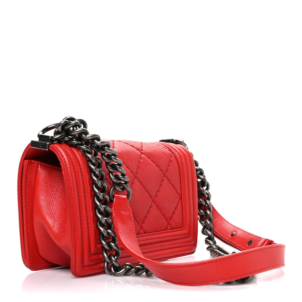 Calfskin Double Stitch Small Boy Flap Red