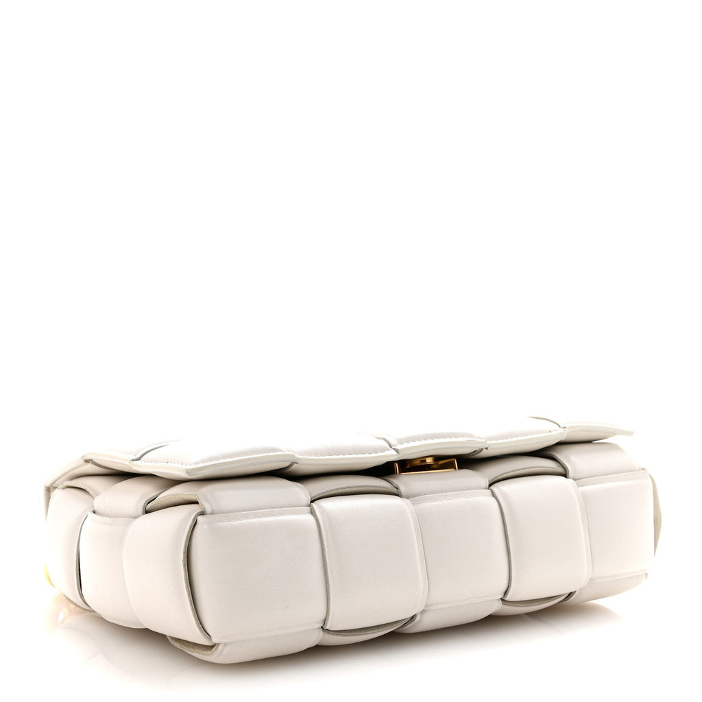 Lambskin Maxi Intreccio Padded Chain Cassette Crossbody Bag White