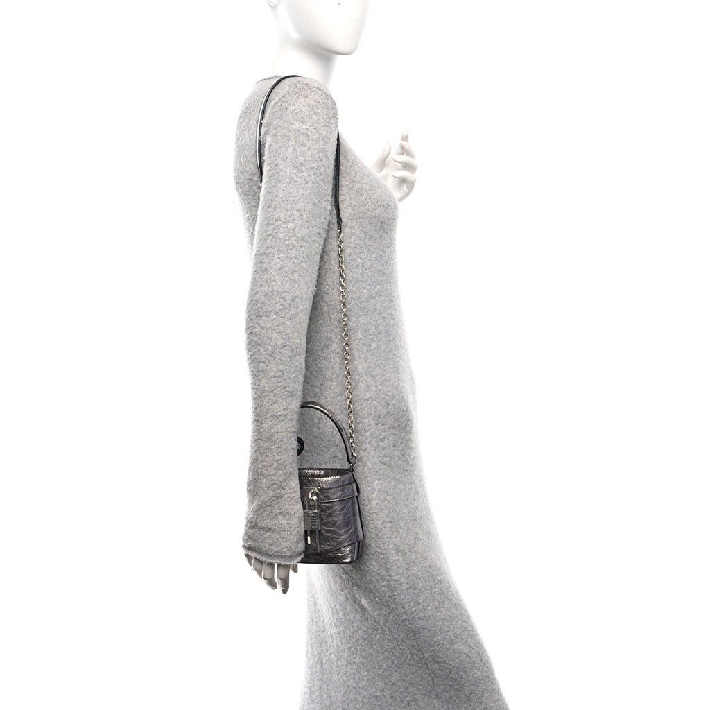 Laminated Lambskin Micro Shark Lock Bucket Bag Silvery Grey