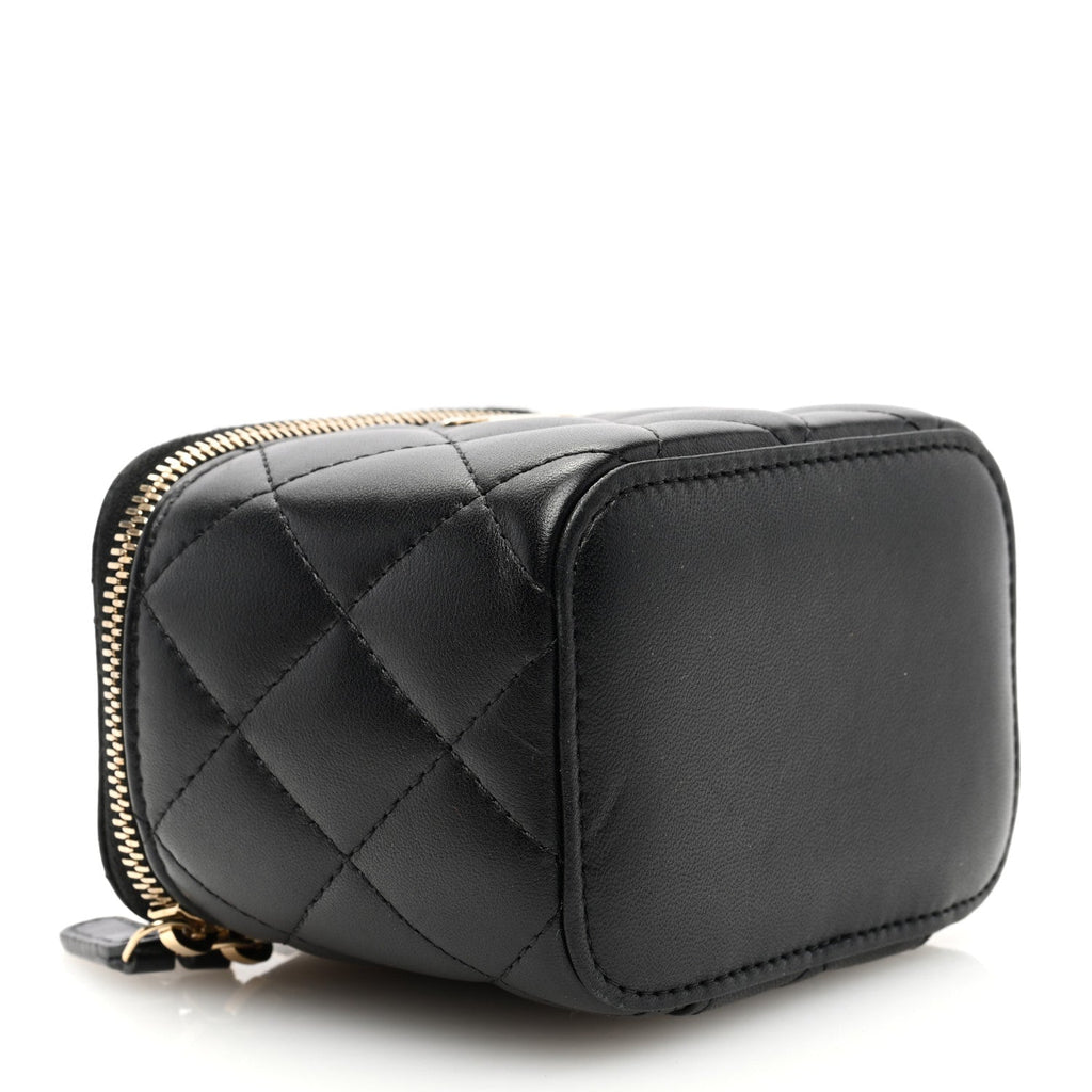 Lambskin Quilted Mini Vanity Case With Pearl Chain Black