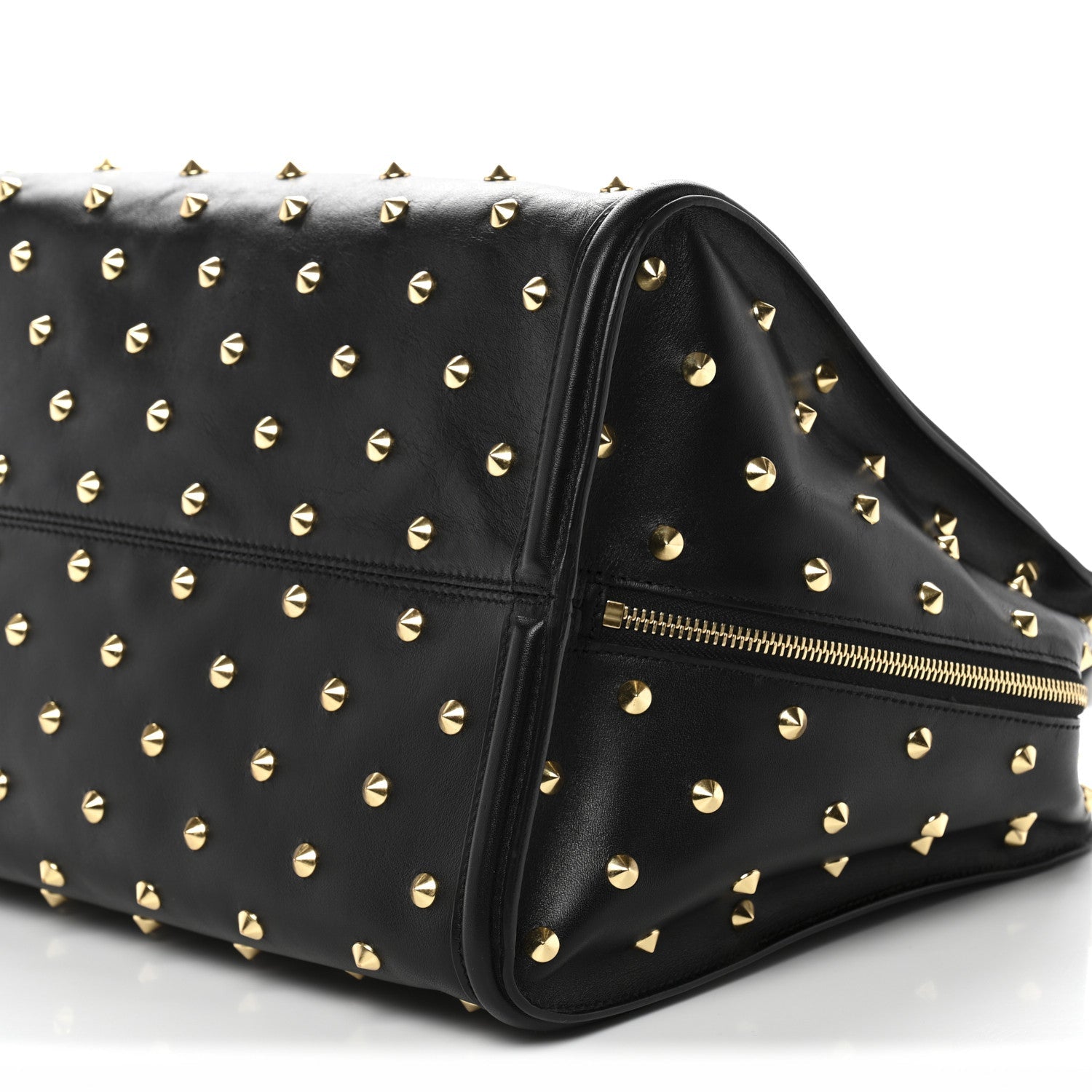 Calfskin Large Studded Padlock Zip Around Tote Black