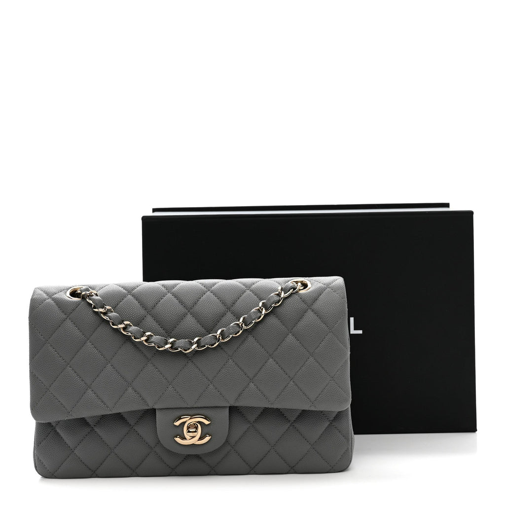 Caviar Quilted Medium Double Flap Grey